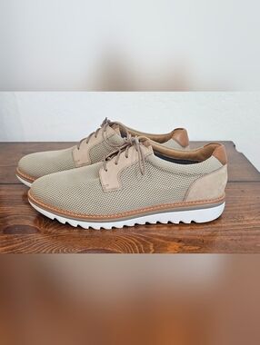 Johnston & Murphy Taupe Knit Leather LaceUp Oxfords wTan Heel Detail Men Sz 11.5